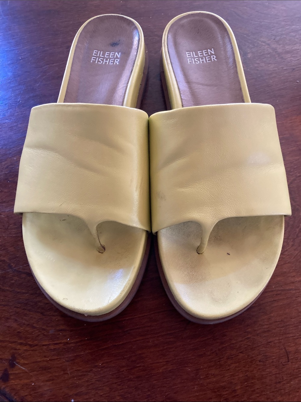 Eileen Fisher Lemon Yellow Duet Leather Toe-Post Slide Sandals